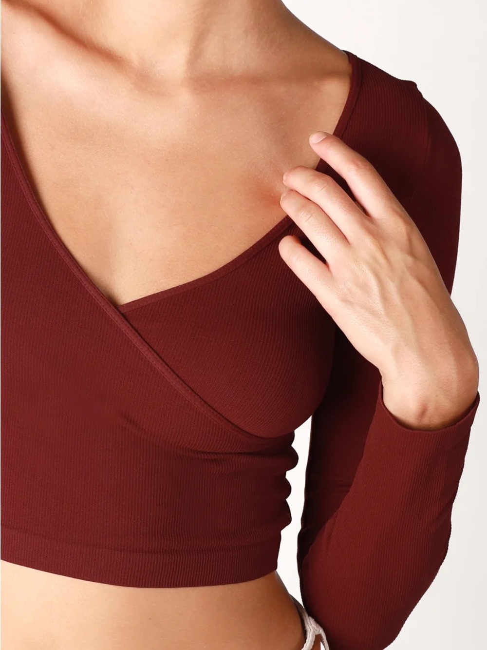Ribbed Wrap-Front Long Sleeve Crop Top in Burgundy